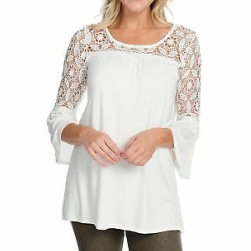 KATE & MALLORY Knit Top Lace Crochet Bodice Bell Sleeve High Low Hem Loose NWOT